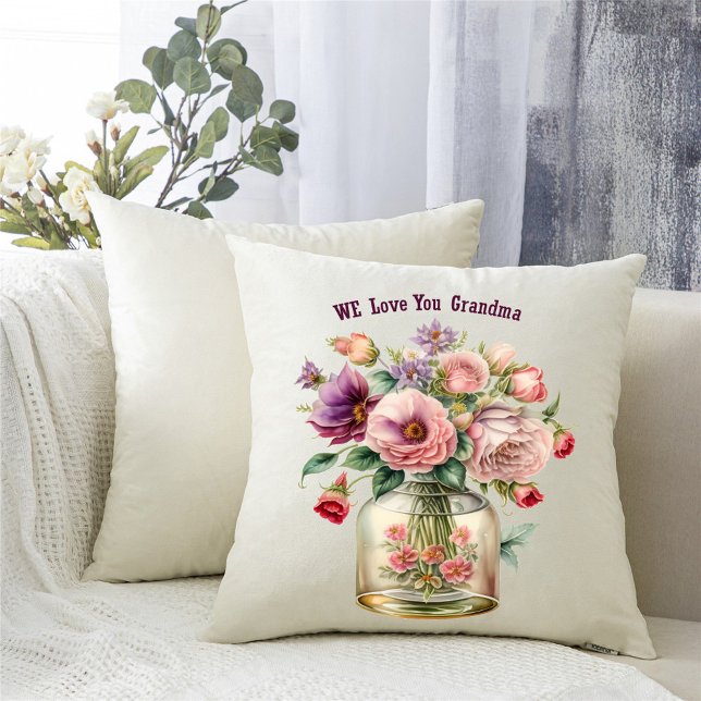 We Love You Grandma Vase of Flowers Add Photo Throw Pillow (Creator Uploaded)