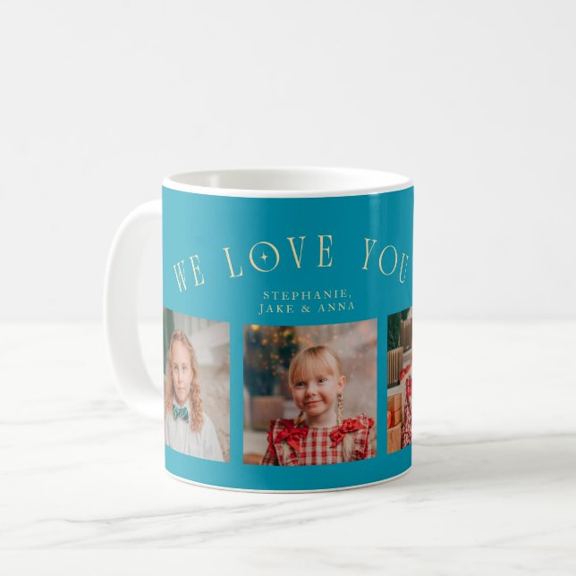 We Love You Grandpa 4-Photo Aqua Blue Coffee Mug (Front Left)