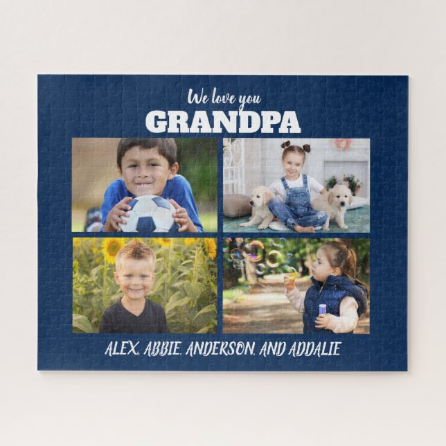 We Love You Grandpa 4 Photo Navy Blue 16x20 Jigsaw Puzzle (Horizontal)