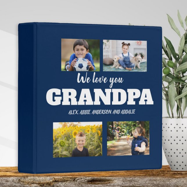 We Love You Grandpa 4 Photo Navy Blue Scrapbook 3 Ring Binder (Navy blue and white "We Love you Grandpa" 4-photo album)