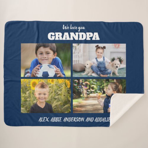 We Love You Grandpa 4 Photo Navy Blue    Sherpa Blanket