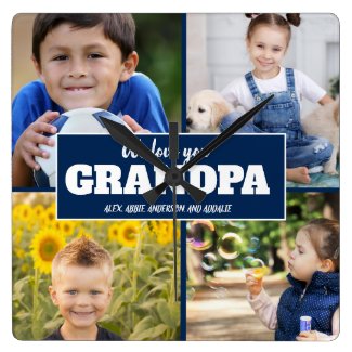 We Love You Grandpa 4 Photo Navy Blue Square Wall Clock