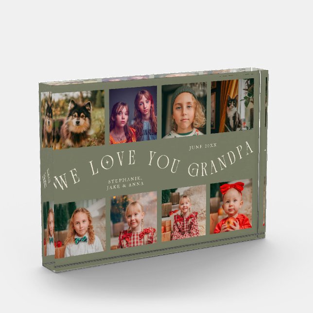 We Love You Grandpa 8 Photo Grid Sage Green Acrylic Award (Left)