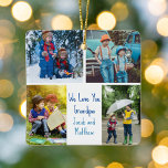 We Love You Grandpa Custom Cute Kids Photo Collage Ceramic Ornament<br><div class="desc">This cute, custom two-sided Christmas ornament features a modern layout of 4 family photos on a white background with blue typography reading We Love You Grandpa. This beautiful grandkids photo gift features your own photograph collage surrounding your personalized message and names. Add a 5th picture on the back of this...</div>