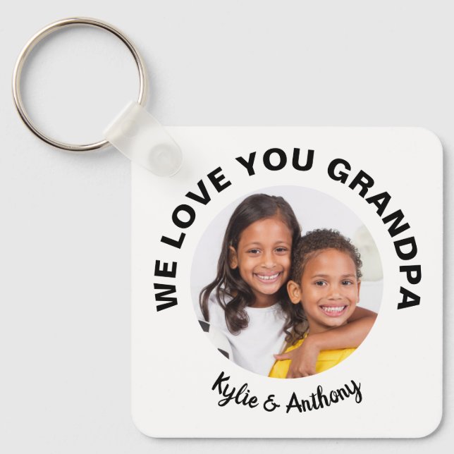 We Love You Grandpa Custom Photo and Names White Keychain (Front)
