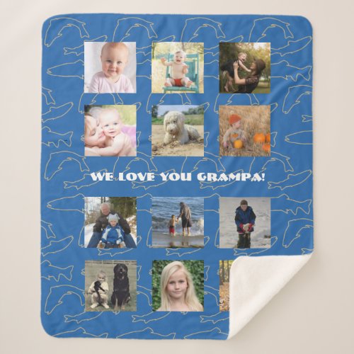 We Love You Grandpa Fish Pattern Photo Collage Sherpa Blanket