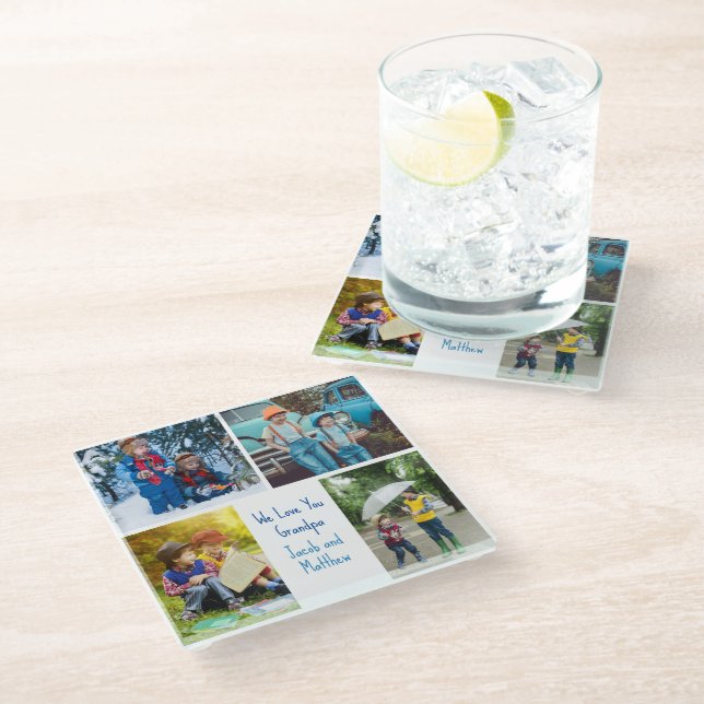 We Love You Grandpa Grandkids Photo Collage Glass Coaster (Angled)