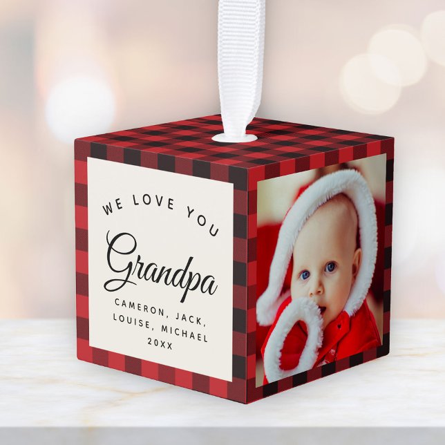 We Love You Grandpa Modern Plaid Script 3 Photo Cube Ornament (Creator Uploaded)