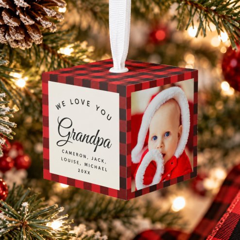 What Christmas looks like in 2026 - Pink Dramatic personalized gifts for you We Love You Grandpa Modern Plaid Script 3 Photo Cube Ornament – populair kerstcadeau en kerstdecoratie 2026