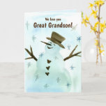 We Love You Great Grandson Christmas Snowman Card<br><div class="desc">A holiday greeting card for a great grandson or any child featuring a happy snowman with hearts and a coffee brown top hat and snowflakes falling illustrated with watercolor.  On the inside is a coordinating shade of soft blue and a message that you can edit to fit your needs.</div>