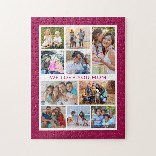 We Love You Mom 10 Photo Collage Pink Glitter Jigsaw Puzzle (Vertical)