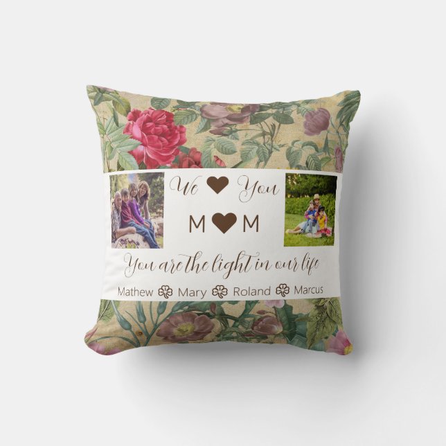 We love you Mom | 2 Family Photo | Mother's Day Throw Pillow (Front)