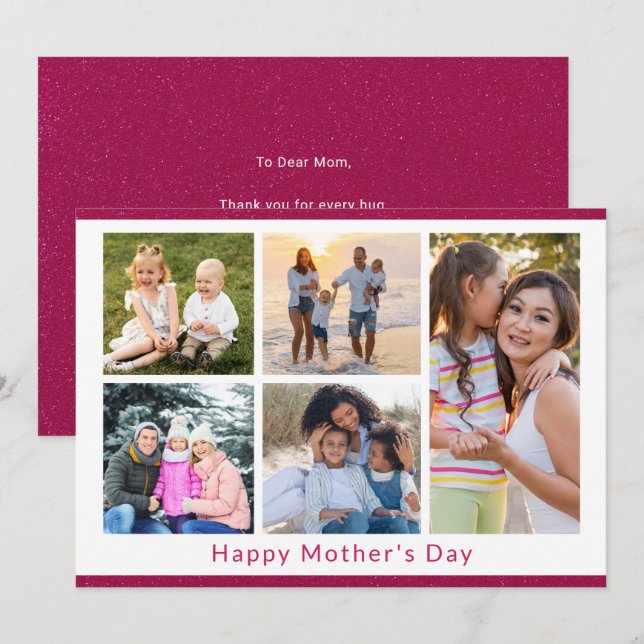 We Love You Mom 5 Photo Collage Pink Glitter Card (Front/Back)