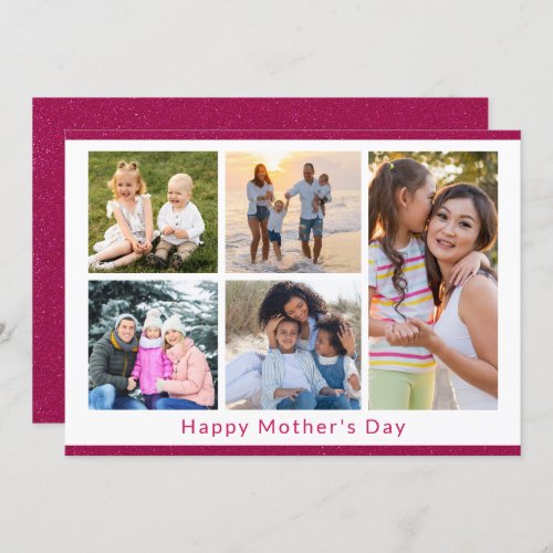 We Love You Mom 5 Photo Collage Pink Glitter Card
