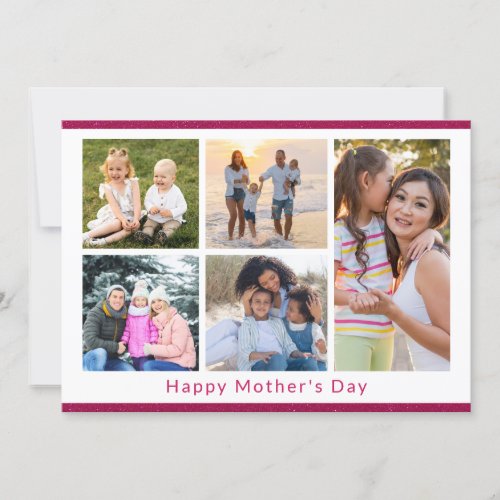 We Love You Mom 5 Photo Collage Pink Glitter Card
