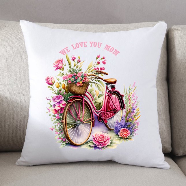 We Love You Mom Bicycle Pretty Flowers Add Photo Throw Pillow (Creator Uploaded)