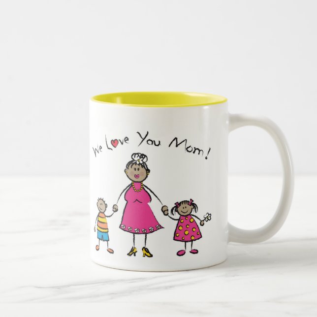We Love You Mom Cartoon Family Happy Mother's Day Two-Tone Coffee Mug (Right)