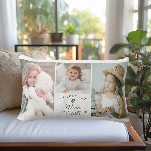 We Love You Mom Children's Photo Collage Lumbar Pillow (Personalize with your selected photos and text for a thoughtful gift for Mom.)