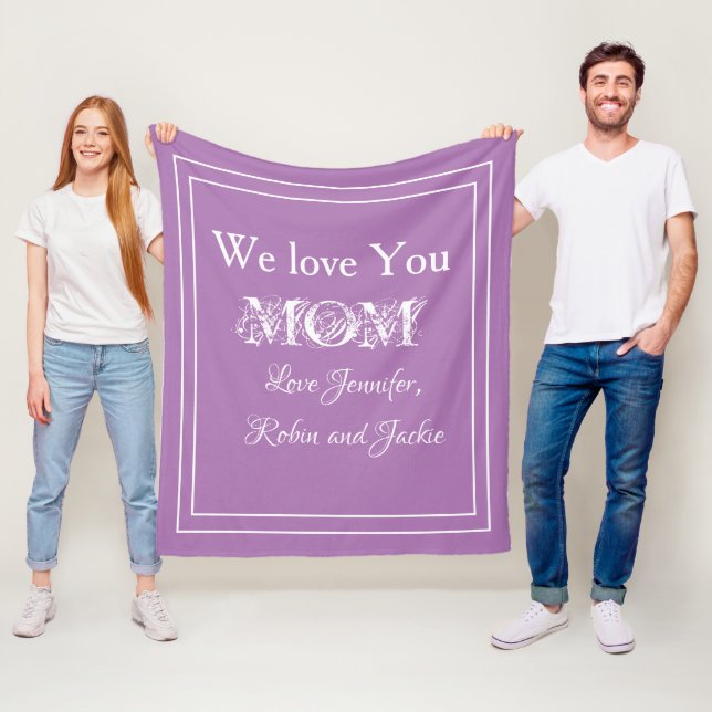 "We love you MOM" Custom Names Lavender Fleece Blanket (In Situ)