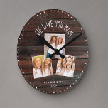 We Love You MOM Cute Modern Photo Collage  Round Clock<br><div class="desc">Modern 3 photo collage clock with a customizable message now reading WE LOVE YOU MOM, with 3 frames favorite pictures underneath on a rustic farmhouse style (printed) dark wood background. Make it your own by adding your names and year below. Unique and personal keepsake gift for the best mom ever...</div>