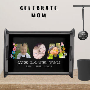 We Love You Mom! Daisy Butterfly Photo & Name Serving Tray