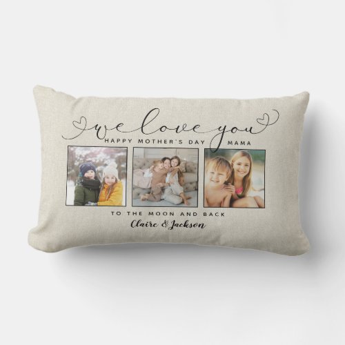 We love You Mom Family Photo Collage Modern Script Lumbar Pillow