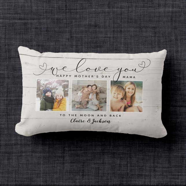 We love You Mom Family Photo Collage Rustic Script Lumbar Pillow (wonderful farmhouse mothers day gift)