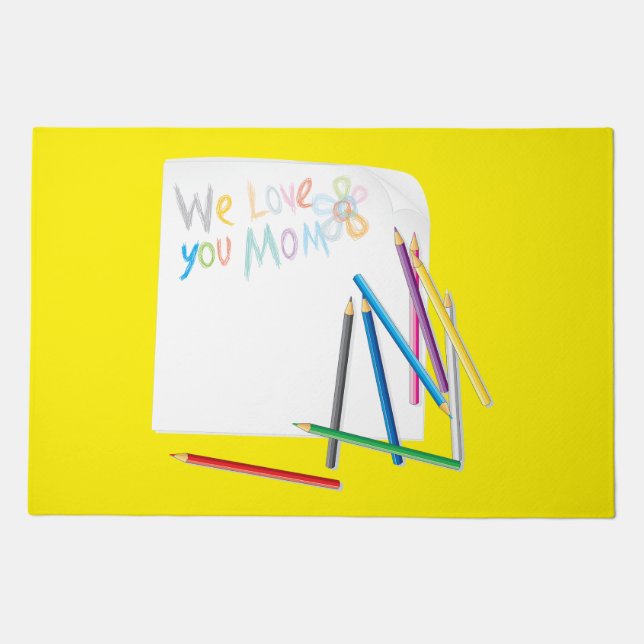 We Love You Mom Hand-Drawn Crayon Art Doormat (Front)
