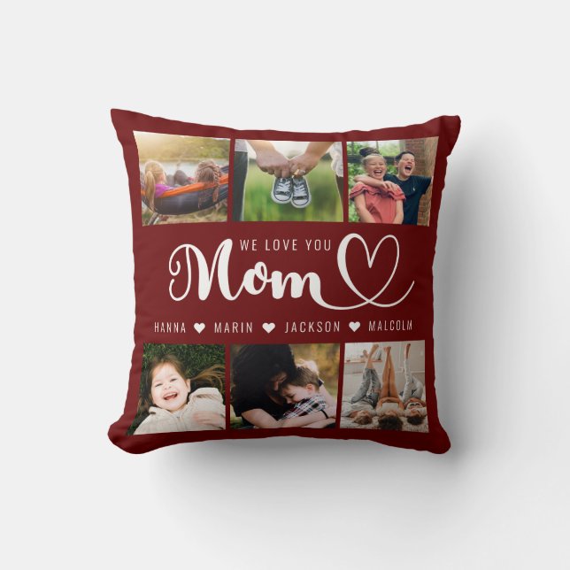 We Love You Mom Kids Names Photo Collage Throw Pillow (Front)
