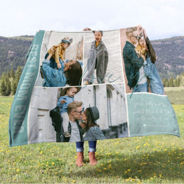 We Love You Mom | Modern 4 Photo Collage Fleece Blanket (Creator Uploaded)