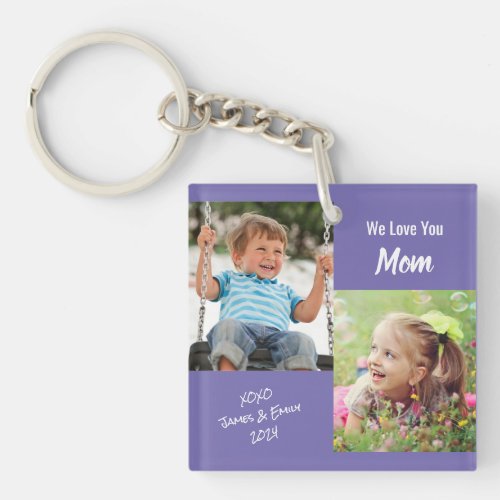 We Love You Mom Personalized Photos Purple Keychain