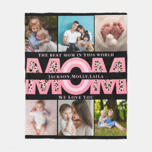 We Love You Mom Pink Minimalist 6 Photo collage Fleece Blanket