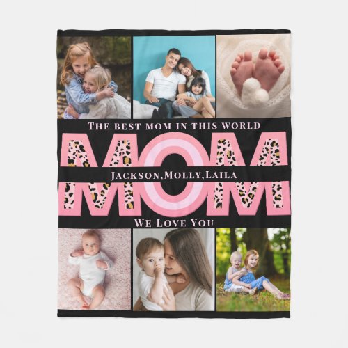 We Love You Mom Pink Minimalist 6 Photo collage Fleece Blanket