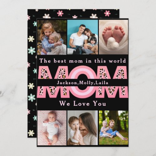 We Love You Mom Pink Minimalist 6 Photo collage Holiday Card