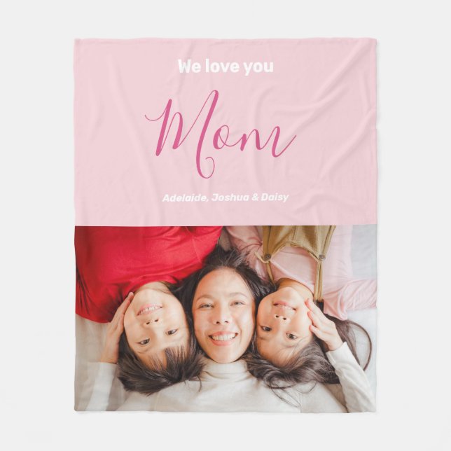 We Love You Mom Pink Minimalist Photo Fleece Blanket (Front)