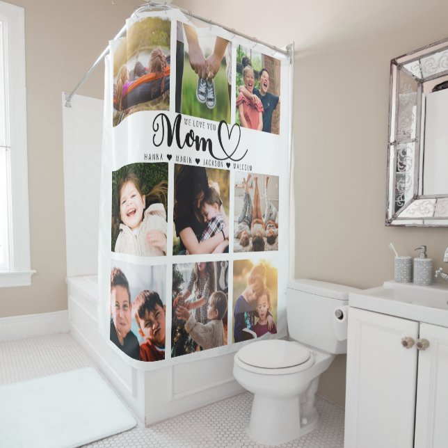 We Love You Mom Script Kids Names Photo Collage Shower Curtain (In Situ)