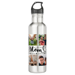We Love You Mom Script Kids Names Photo Collage Stainless Steel Water Bottle