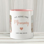 We Love You Mommy 2 Photo Modern Pink Two-Tone Coffee Mug<br><div class="desc">This 2-photo collage pink modern mug features the heartfelt message, "We love you mommy" in elegant script typography and a simple heart. An ideal gift for your mom on Mother's day, Christmas or birthday. It can be personalized with two family photos and your own message and names, transforming it into...</div>