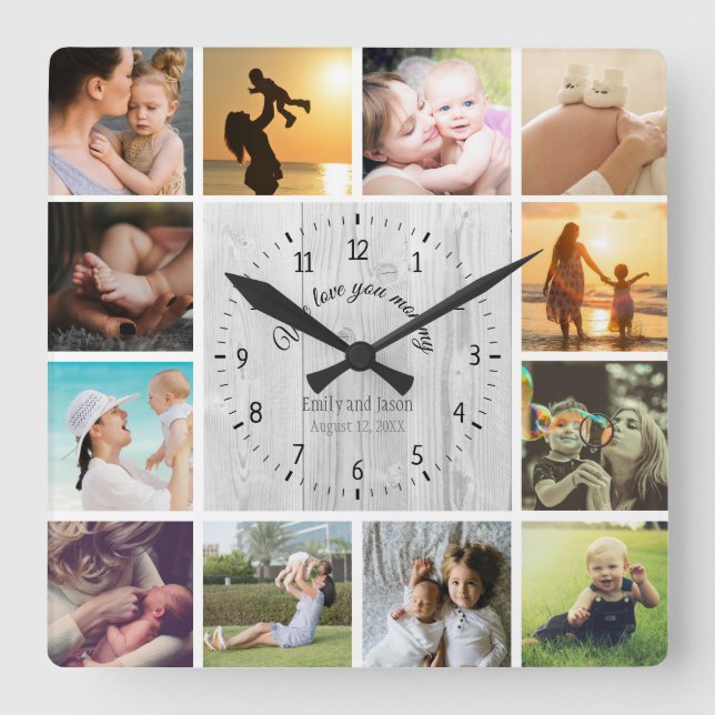 We love you mommy photo collage white wood texture square wall clock (Front)