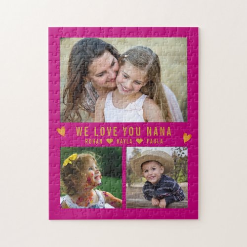 We Love You Nana 3 Photo Collage Pink Jigsaw Puzzle