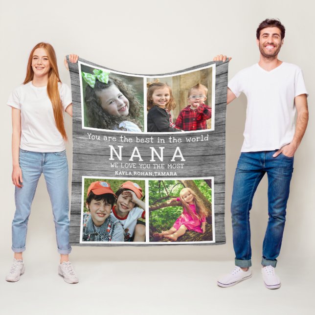 We Love You Nana 4 Photo Collage Gray Wood Fleece Blanket (In Situ)
