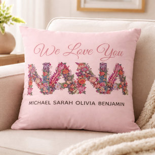 We Love You Nana Floral Lettering Pink Kids Names Throw Pillow