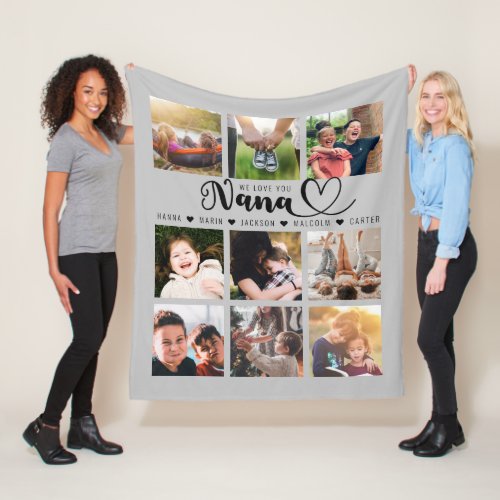 We Love You Nana Grandkid Names Gray Photo Collage Fleece Blanket