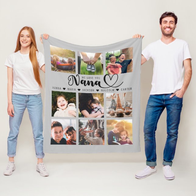 We Love You Nana Grandkid Names Gray Photo Collage Fleece Blanket (In Situ)