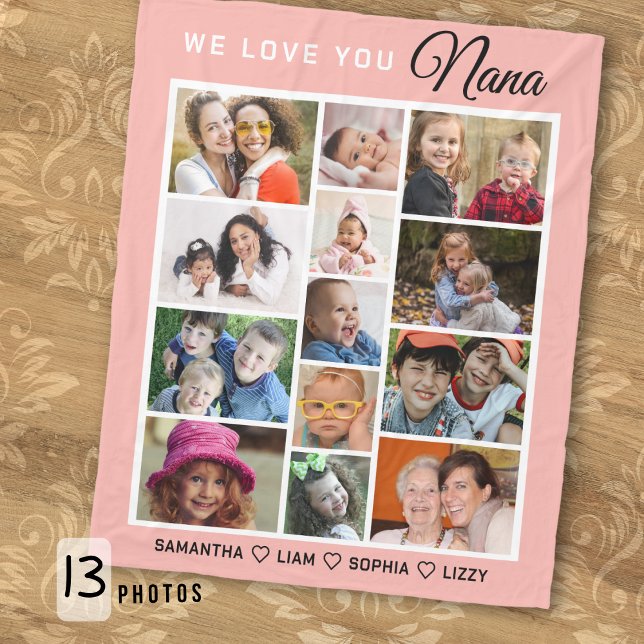 We Love You Nana Grandkids 13 Photo Collage Pink Fleece Blanket (Creator Uploaded)