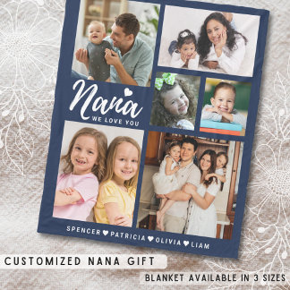 We Love You Nana Grandkids 6 Photo Collage Blue Fleece Blanket