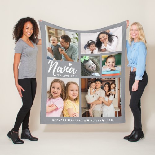 We Love You Nana Grandkids 6 Photo Collage Gray Fleece Blanket