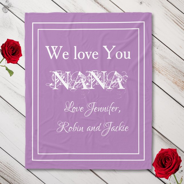 "We Love You NANA" Personalized Cuddly Lavender Fleece Blanket ("We Love You NANA" Personalized Names, Cute and Cuddly Lavender Fleece Blanket.)