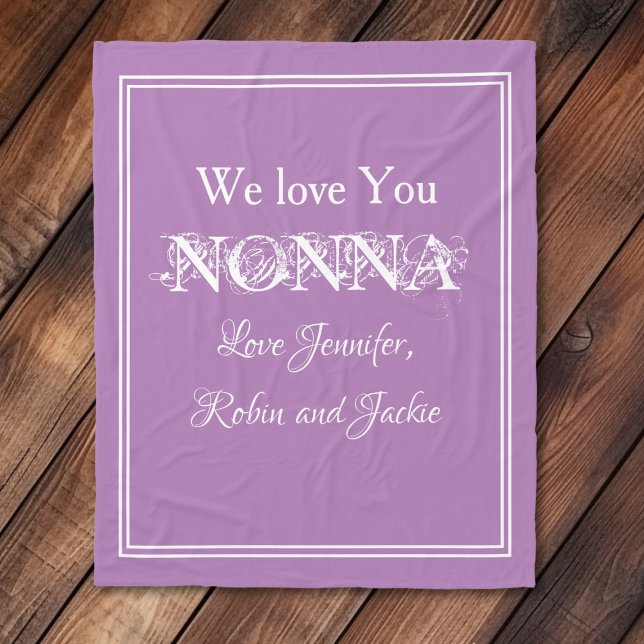 "We Love You NONNA" Custom Names Mauve Fleece Blanket ("We Love You NONNA" Custom Family Names, White and Mauve Fleece Blanket.)
