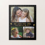We Love You OMA 3 Photo Collage Black Jigsaw Puzzle<br><div class="desc">Personalize this fun photo puzzle with 3 favorite grandkids photos for grandma to solve. Add a loving message and names for the personal touch.</div>